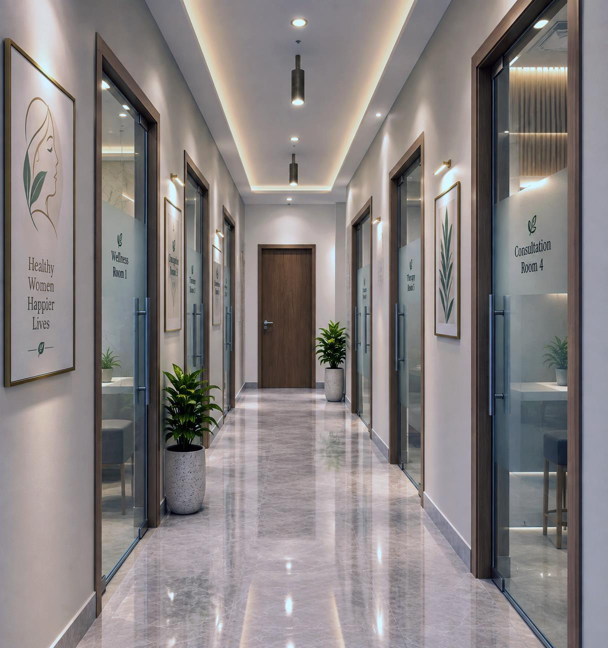 A calm corridor of frosted-glass doors, planters and framed prints