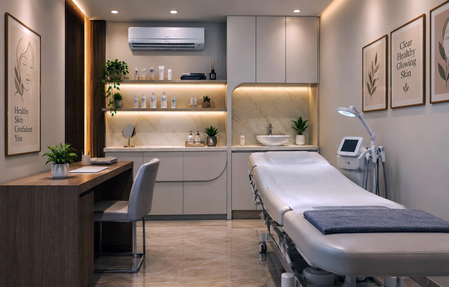The dermatology room — a treatment bed, lit shelving and a clinician's desk