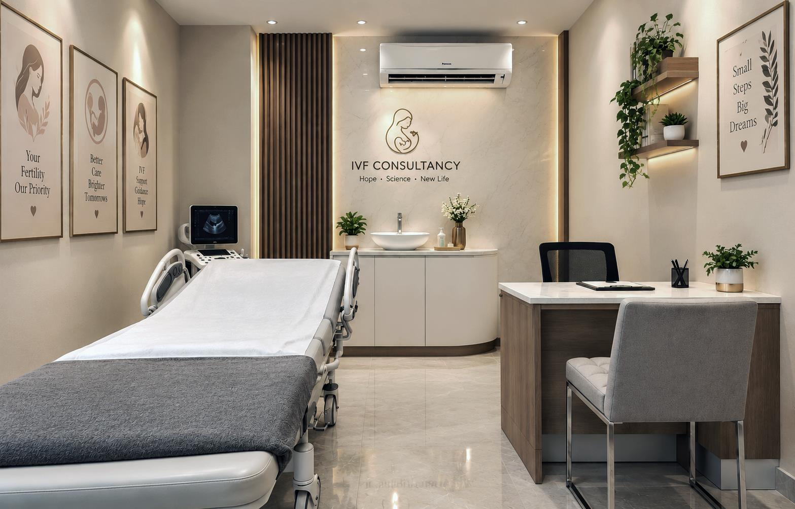 The IVF chamber — an examination bed, consultation desk and wash basin