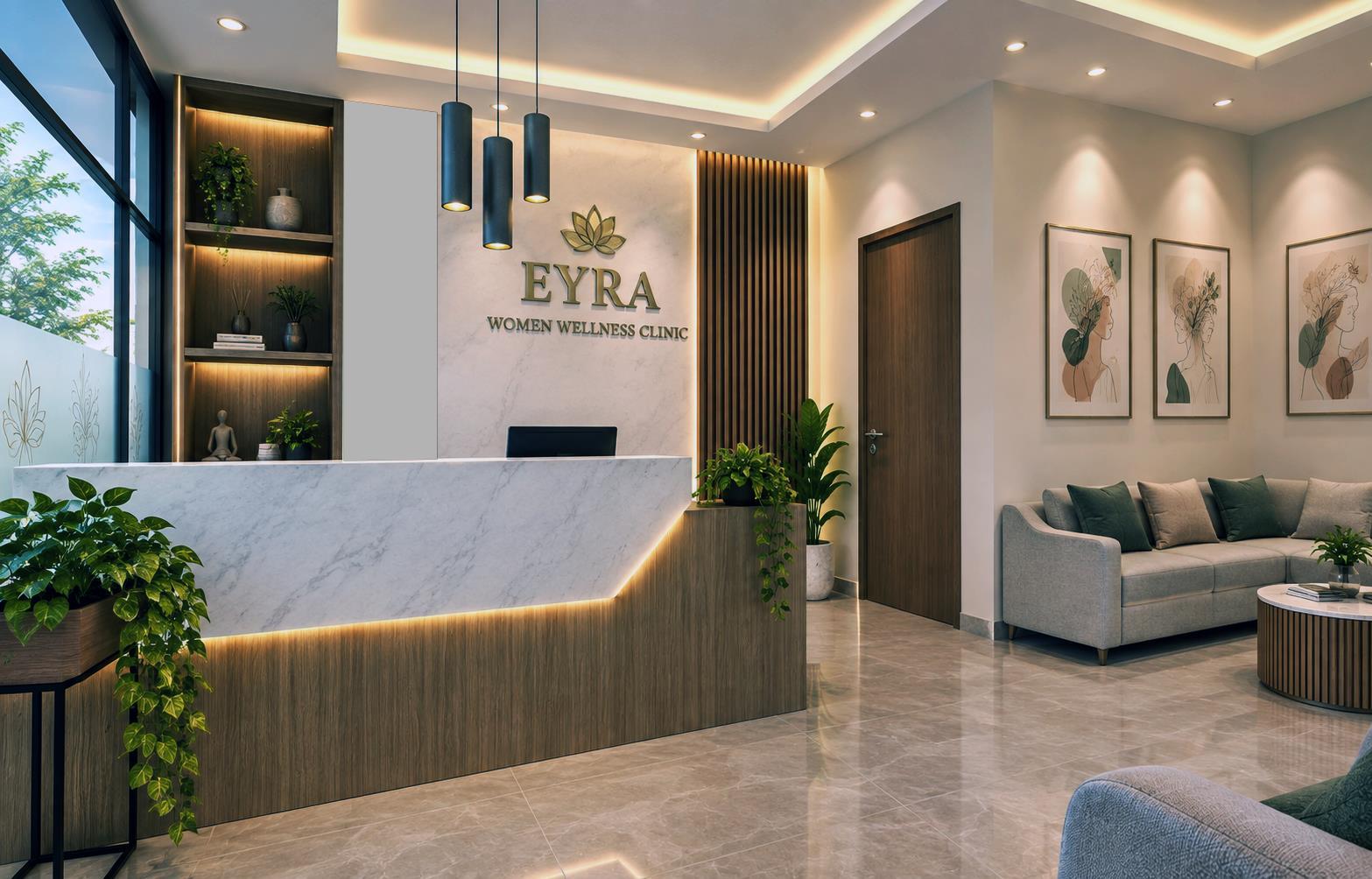 The waiting lounge — sofas facing the reception desk and the Eyra lotus mark