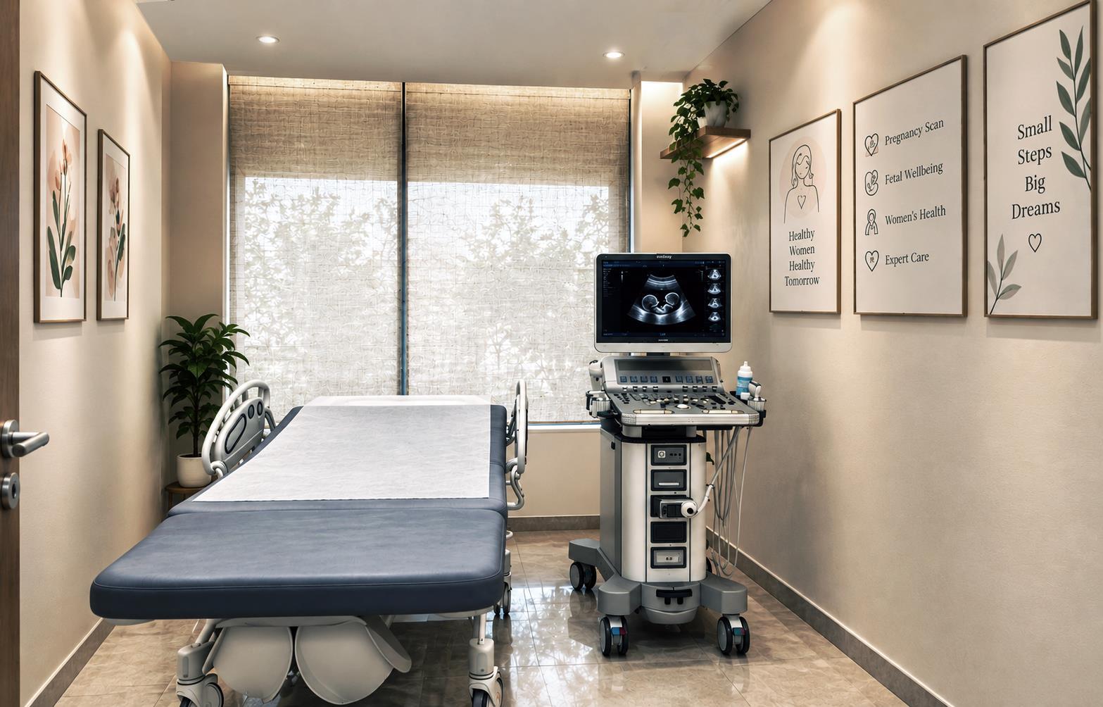 The ultrasound room — an examination bed beside an ultrasound machine under a shaded window