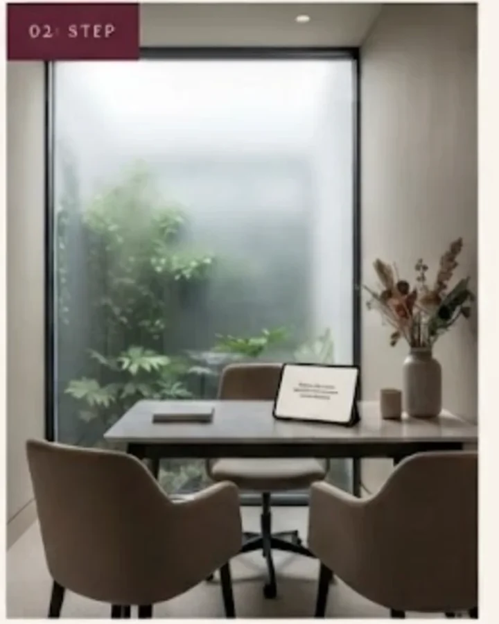 A quiet consultation room with two chairs and a garden window